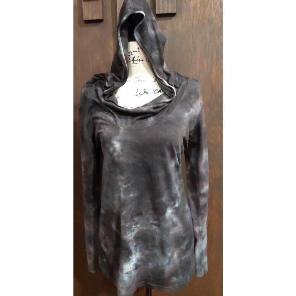 ENLIGHTEN Womens Medium Hoodie Tie Dye Cowl Neck Blue Tunic Stretch Long Sleeve
